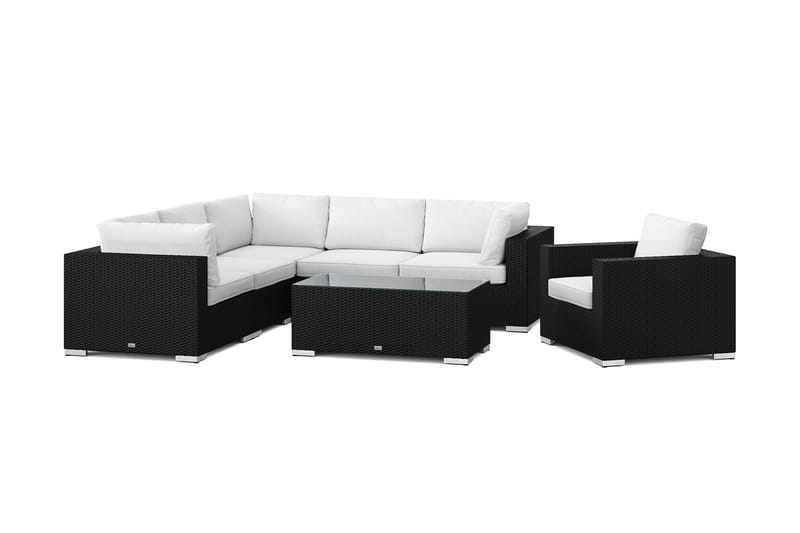 Bahamas ulkokulmasohva 6-hengen, käännettävä, nojatuoli ja pöytä, Musta