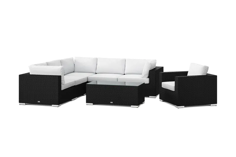 Bahamas ulkokulmasohva 6-hengen, käännettävä, nojatuoli ja pöytä, Musta