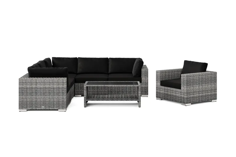 Bahamas ulkokulmasohva 6-hengen, käännettävä, nojatuoli ja pöytä hyllyllä - Harmaa - Puutarhakalusteet - Terassiryhmät - Oleskeluryhmät