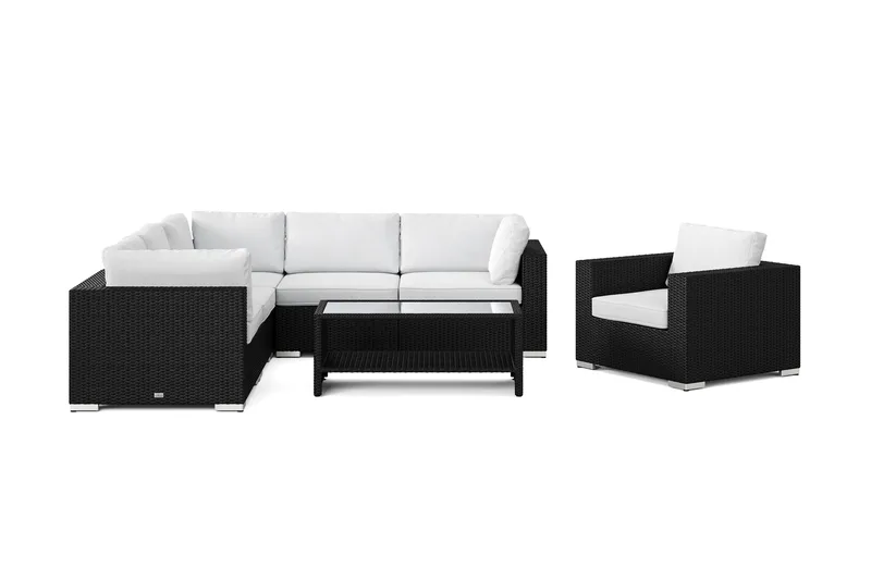Bahamas ulkokulmasohva 6-hengen, käännettävä, nojatuoli ja pöytä hyllyllä - Musta - Puutarhakalusteet - Terassiryhmät - Oleskeluryhmät