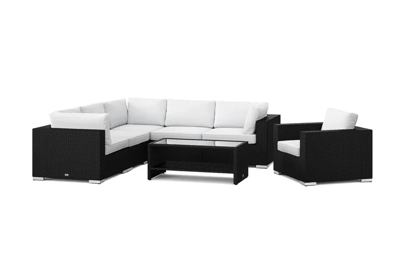 Bahamas ulkokulmasohva 6-hengen, käännettävä, nojatuoli ja pöytä hyllyllä, Musta