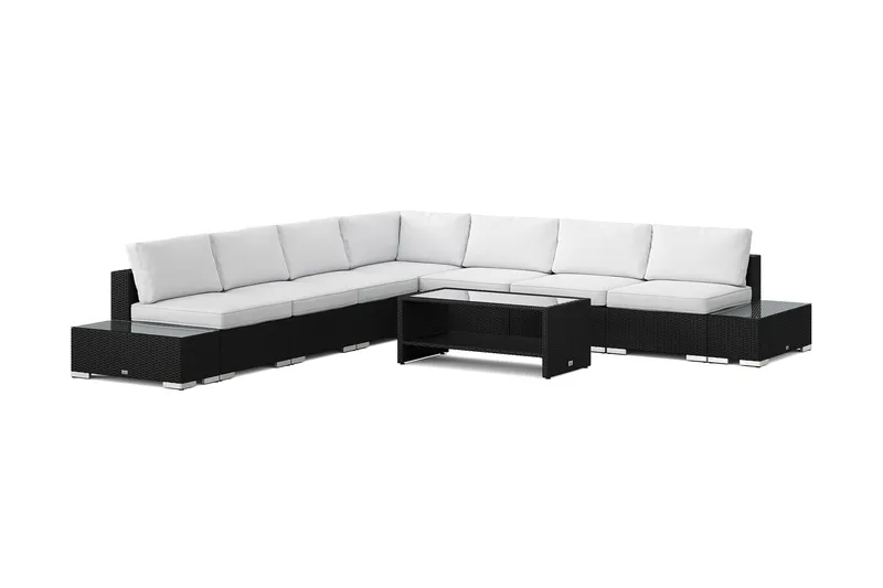 Bahamas ulkokulmasohva 7-hengen, käännettävä, avoin pääty ja pöytä hyllyllä, Musta