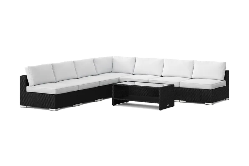 Bahamas ulkokulmasohva 7-hengen, käännettävä, avoin pääty ja pöytä hyllyllä, Musta