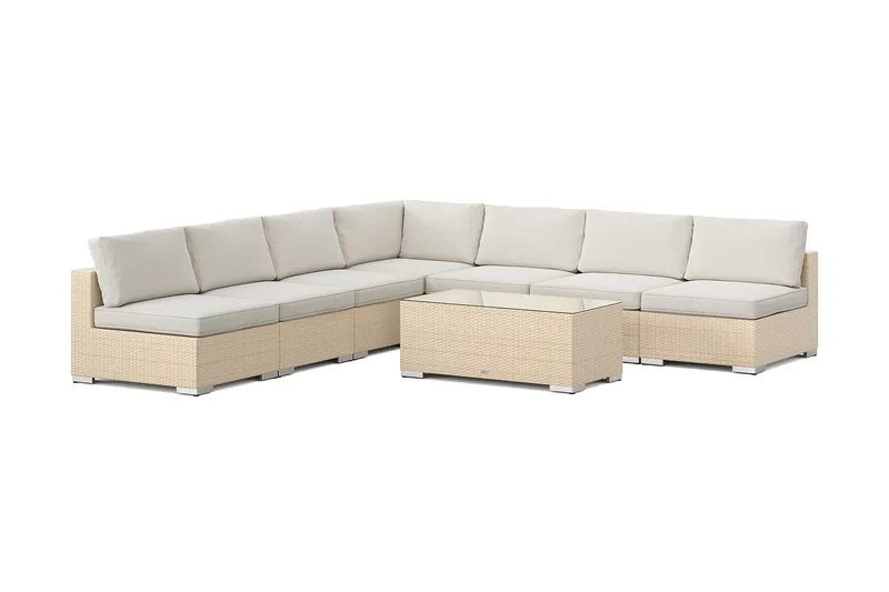 Bahamas ulkokulmasohva 7-hengen, käännettävä, avoin pääty ja pöytä - Hiekka - Puutarhakalusteet - Terassiryhmät - Oleskeluryhmät