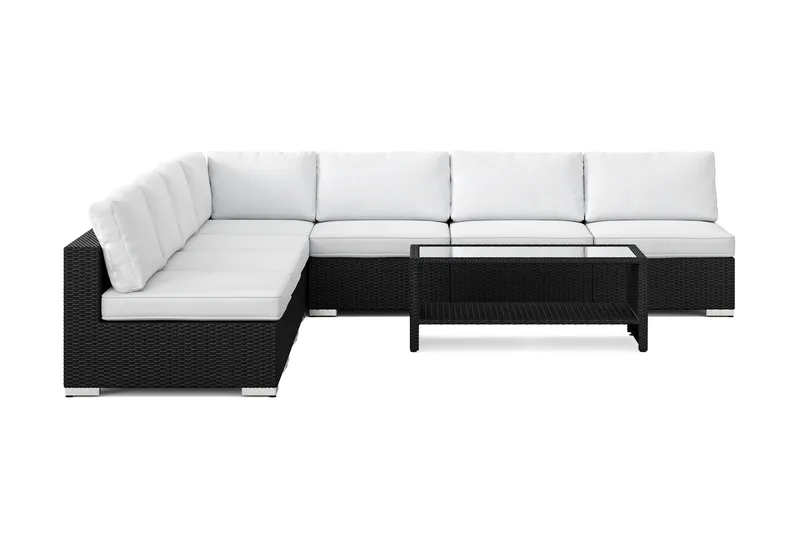 Bahamas ulkokulmasohva 7-hengen, käännettävä, avoin pääty ja pöytä hyllyllä - Musta - Puutarhakalusteet - Terassiryhmät - Oleskeluryhmät