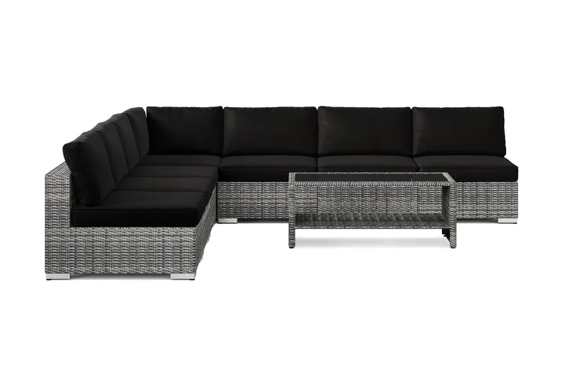 Bahamas ulkokulmasohva 7-hengen, käännettävä, avoin pääty ja pöytä hyllyllä - Harmaa - Puutarhakalusteet - Terassiryhmät - Oleskeluryhmät