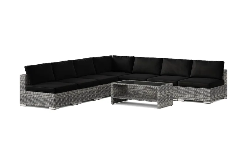 Bahamas ulkokulmasohva 7-hengen, käännettävä, avoin pääty ja pöytä hyllyllä - Harmaa - Puutarhakalusteet - Terassiryhmät - Oleskeluryhmät
