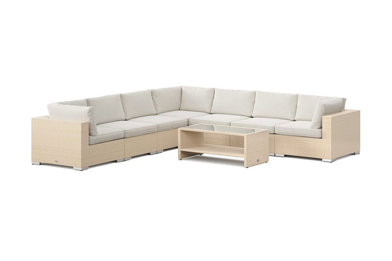 Bahamas ulkokulmasohva 7-hengen, käännettävä ja pöytä hyllyllä, Hiekka