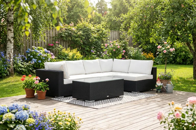 Bahamas ulkolounge-ryhmä 5-hengen, käännettävä divaaniosa ja pöytä - Musta - Puutarhakalusteet - Terassiryhmät - Oleskeluryhmät