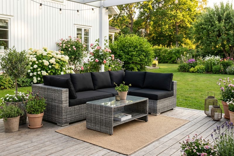 Bahamas ulkolounge-ryhmä 5-hengen, käännettävä divaaniosa ja pöytä hyllyllä - Harmaa - Puutarhakalusteet - Terassiryhmät - Oleskeluryhmät