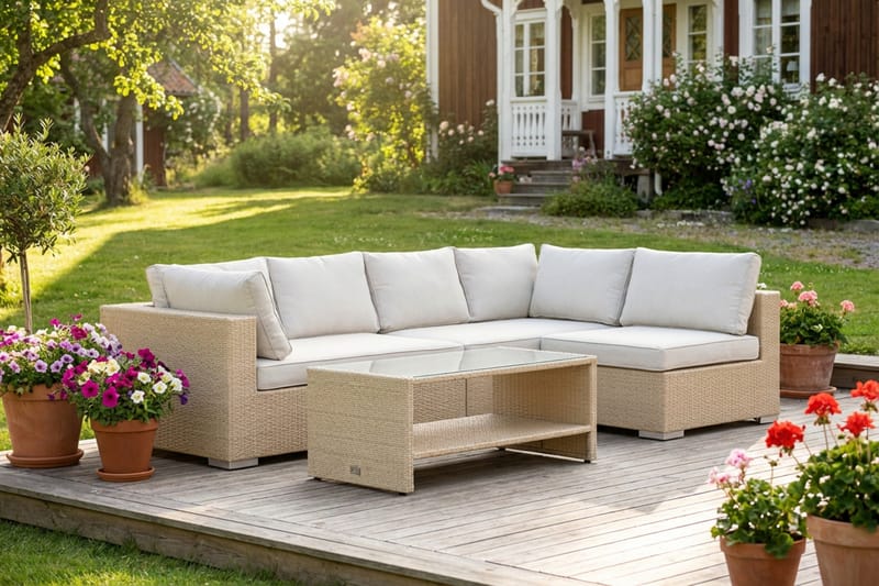 Bahamas ulkolounge-ryhmä 5-hengen, käännettävä divaaniosa ja pöytä hyllyllä - Hiekka - Puutarhakalusteet - Terassiryhmät - Oleskeluryhmät