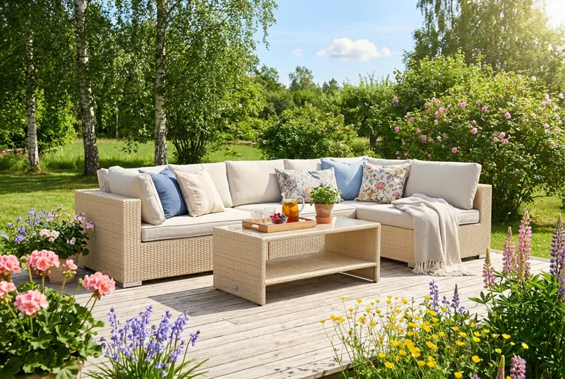 Bahamas ulkolounge-ryhmä 6-hengen, käännettävä divaaniosa ja pöytä hyllyllä - Hiekka - Puutarhakalusteet - Terassiryhmät - Oleskeluryhmät