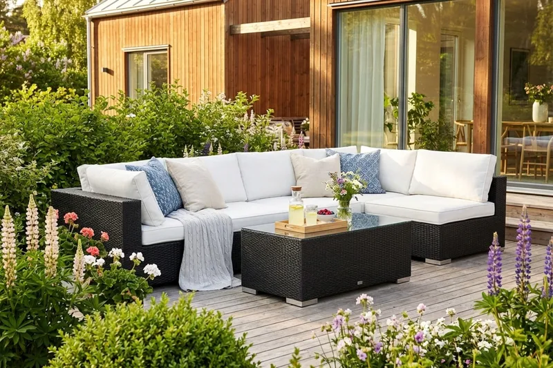 Bahamas ulkolounge-ryhmä 6-hengen, käännettävä divaaniosa ja pöytä - Musta - Puutarhakalusteet - Terassiryhmät - Oleskeluryhmät