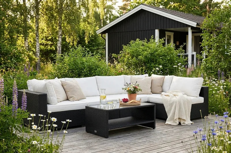 Bahamas ulkolounge-ryhmä 6-hengen, käännettävä divaaniosa ja pöytä hyllyllä - Musta - Puutarhakalusteet - Terassiryhmät - Oleskeluryhmät