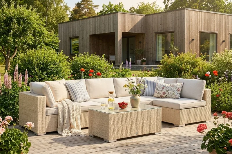 Bahamas ulkolounge-ryhmä 6-hengen, käännettävä divaaniosa ja pöytä - Hiekka - Puutarhakalusteet - Terassiryhmät - Oleskeluryhmät