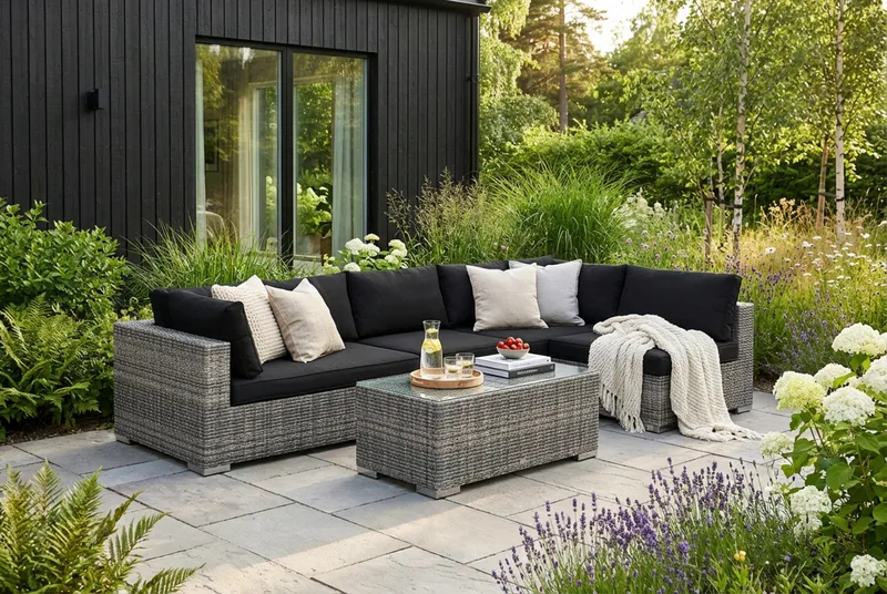 Bahamas ulkolounge-ryhmä 6-hengen, käännettävä divaaniosa ja pöytä - Harmaa - Puutarhakalusteet - Terassiryhmät - Oleskeluryhmät