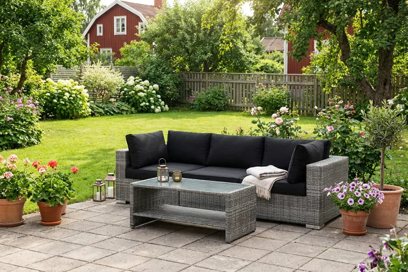Bahamas ulkosohva 3-hengen, pöytä ja hylly - Harmaa - Puutarhakalusteet - Terassiryhmät - Oleskeluryhmät