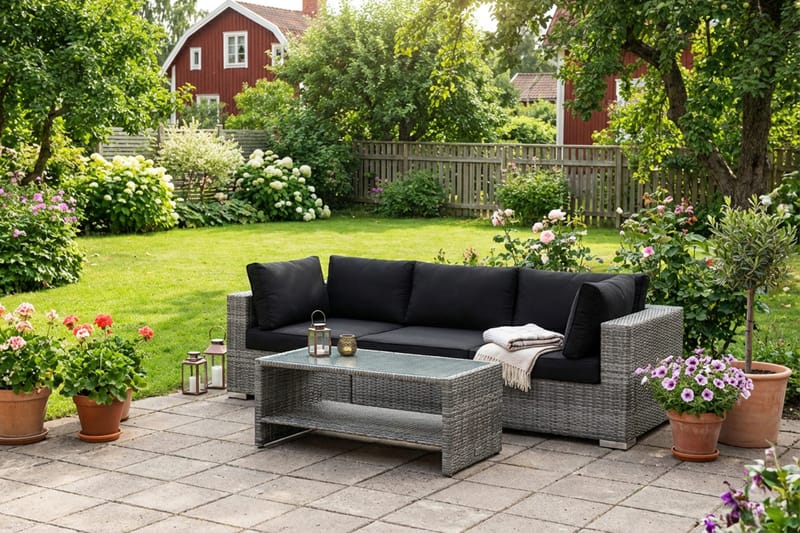 Bahamas ulkosohva 3-hengen, pöytä ja hylly - Harmaa - Puutarhakalusteet - Terassiryhmät - Oleskeluryhmät