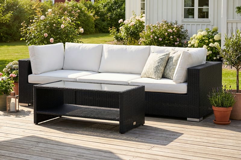 Bahamas ulkosohva 3-hengen, pöytä ja hylly - Musta - Puutarhakalusteet - Terassiryhmät - Oleskeluryhmät
