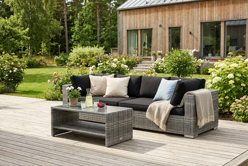 Bahamas ulkosohva 4-hengen, pöytä ja hylly - Harmaa - Puutarhakalusteet - Terassiryhmät - Oleskeluryhmät