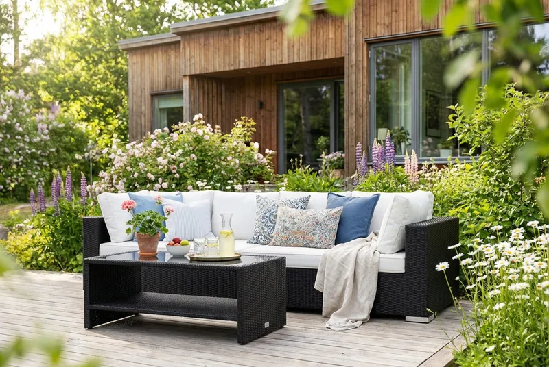 Bahamas ulkosohva 4-hengen, pöytä ja hylly - Musta - Puutarhakalusteet - Terassiryhmät - Oleskeluryhmät