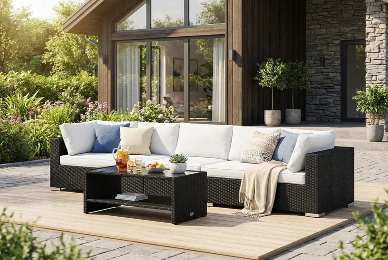 Bahamas ulkosohva 5-hengen, pöytä ja hylly - Musta - Puutarhakalusteet - Terassiryhmät - Oleskeluryhmät