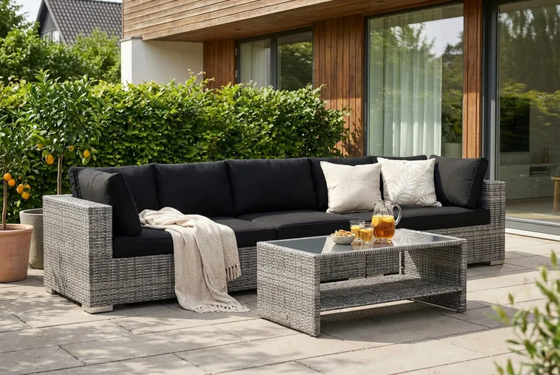 Bahamas ulkosohva 5-hengen, pöytä ja hylly - Harmaa - Puutarhakalusteet - Terassiryhmät - Oleskeluryhmät