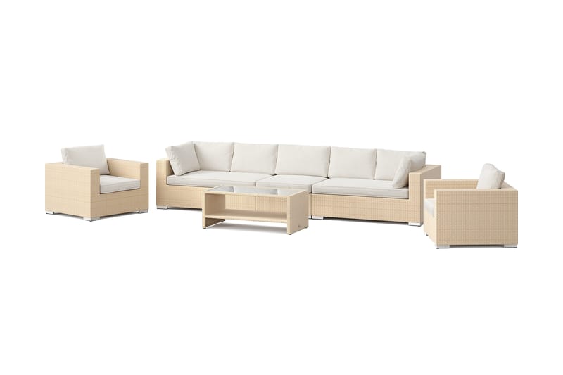 Bahamas ulkosohvaryhmä 7-hengen, kaksi nojatuolia ja pöytä hyllyllä - Hiekka - Puutarhakalusteet - Terassiryhmät - Oleskeluryhmät