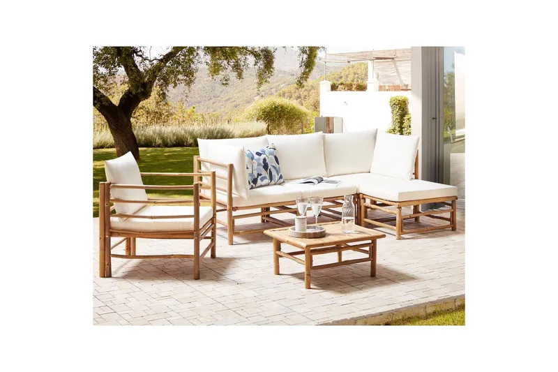 Hörnsoffa Beliani Cerreto med fåtölj Beige/ljust trä White||Light wood - Puutarhakalusteet - Terassiryhmät - Sohvaryhmät ulos