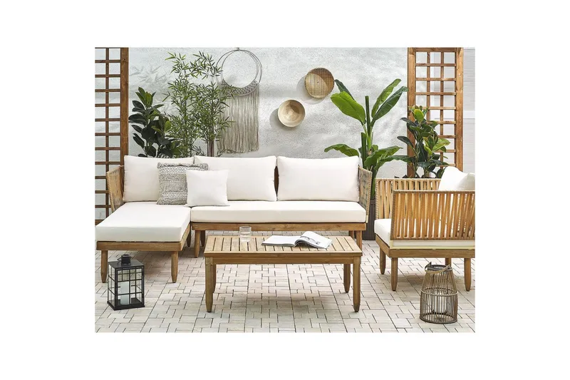 Hörnsoffa Beliani Cremona Light wood||White - Puutarhakalusteet - Terassiryhmät - Sohvaryhmät ulos