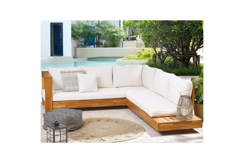Hörnsoffa Beliani Marettimo Light wood||White - Puutarhakalusteet - Terassiryhmät - Terassisohvat