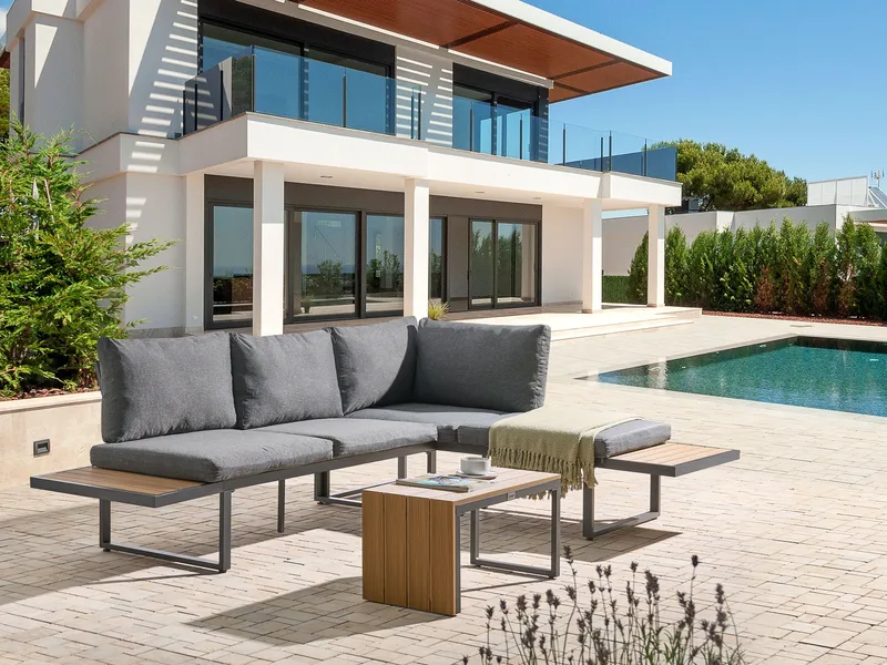 Kulmasohva ulos pöydällä 4-istuttava Pienza oikeakätinen - Harmaa/Ruskea/Musta - Puutarhakalusteet - Terassiryhmät - Sohvaryhmät ulos