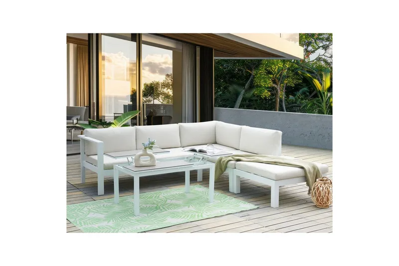 Loungegrupp 5-sits Beliani Messina Grön/vit/grå White||Grey - Puutarhakalusteet - Terassiryhmät - Sohvaryhmät ulos