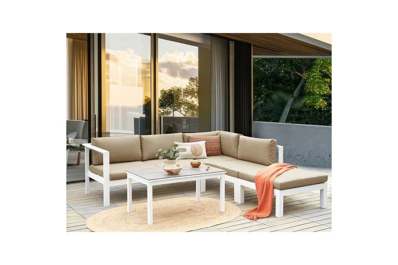 Loungegrupp 5-sits Beliani Messina Grön/vit/grå White||Grey||Beige - Puutarhakalusteet - Terassiryhmät - Sohvaryhmät ulos