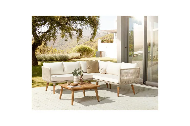 Loungegrupp Beliani Alcamo Beige||Light wood||White - Puutarhakalusteet - Terassiryhmät - Sohvaryhmät ulos
