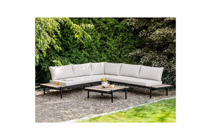 Loungegrupp Beliani Bellariva White||Light wood||Black - Puutarhakalusteet - Terassiryhmät - Sohvaryhmät ulos