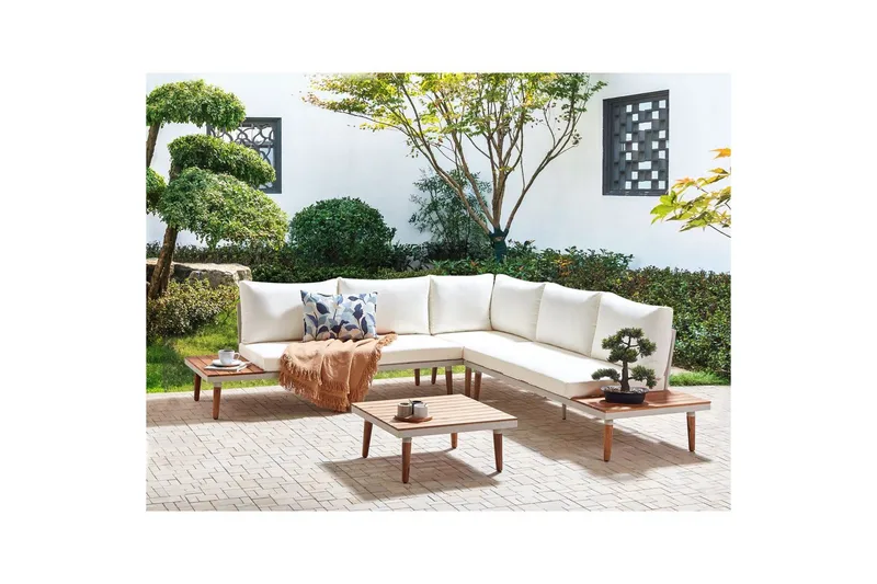 Loungegrupp Beliani Corato Grå/mörkt trä/ljust trä White||Light wood - Puutarhakalusteet - Terassiryhmät - Sohvaryhmät ulos
