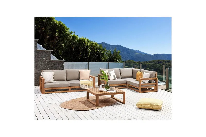 Loungegrupp Beliani Timor 4-sits Ljus trä/grått/beige, Ja Light wood||Grey||Beige - Puutarhakalusteet - Terassiryhmät - Sohvaryhmät ulos