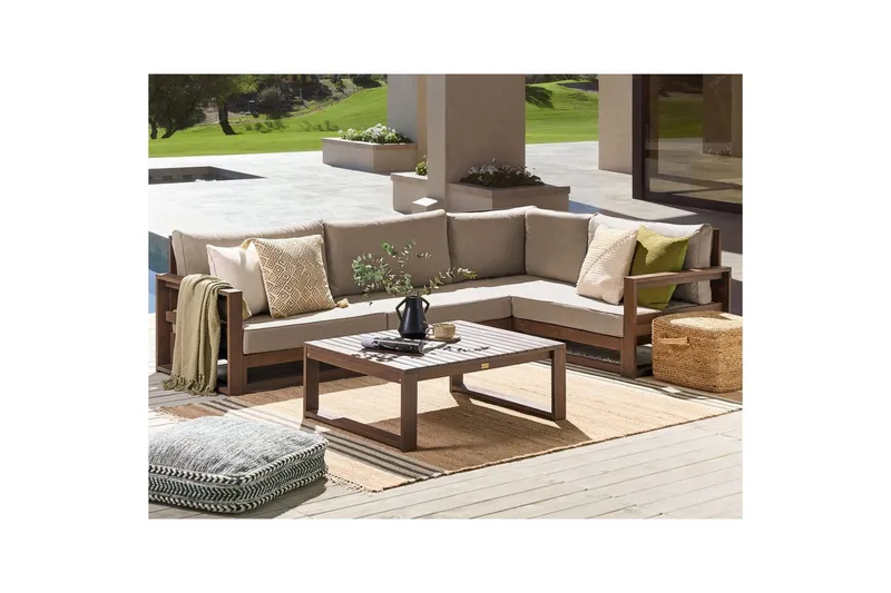 Loungegrupp Beliani Timor Ljus trä/beige, Ja, Högervänd Dark wood||Beige||Grey Right-faced - Puutarhakalusteet - Terassiryhmät - Sohvaryhmät ulos
