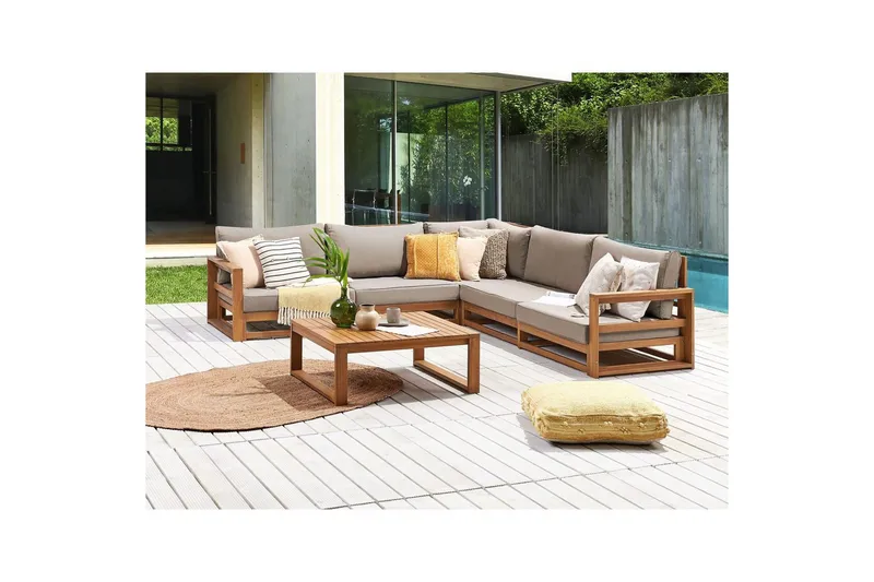 Loungegrupp Beliani Timor Ljus trä/grått/beige, Ja, Vändbar Light wood||Grey||Beige - Puutarhakalusteet - Terassiryhmät - Sohvaryhmät ulos