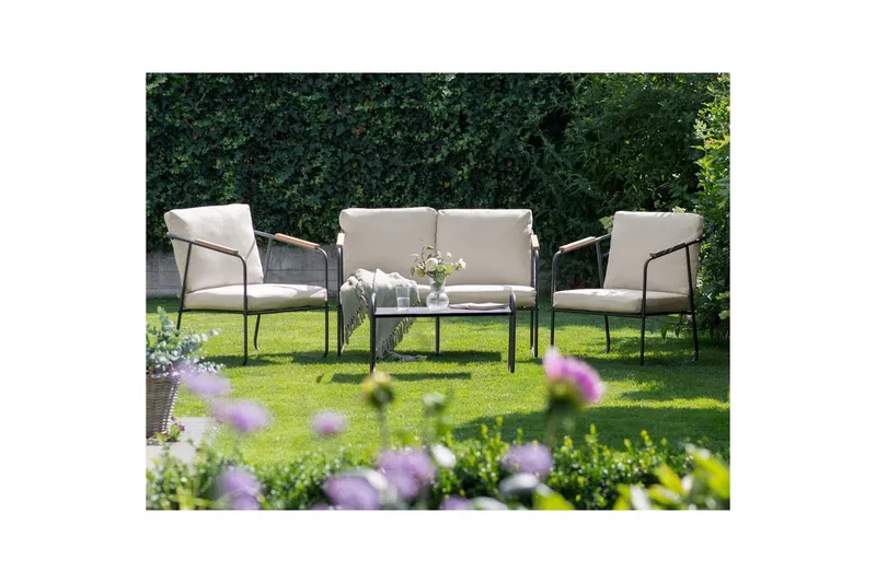 Loungegrupp Beliani Vezzana Beige/ljust trä/svart Beige||Light wood||Black - Puutarhakalusteet - Terassiryhmät - Sohvaryhmät ulos