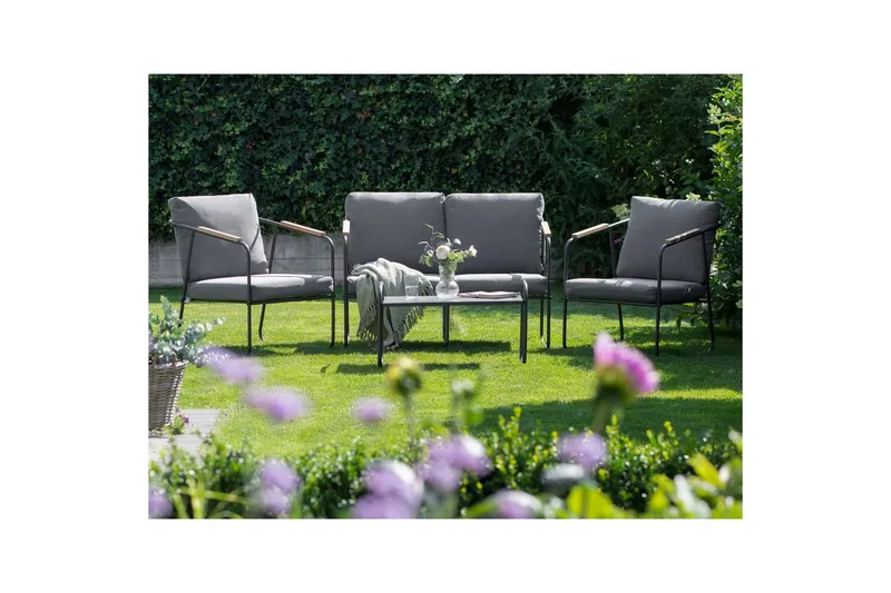 Loungegrupp Beliani Vezzana Beige/ljust trä/svart Grey||Light wood||Black - Puutarhakalusteet - Terassiryhmät - Sohvaryhmät ulos