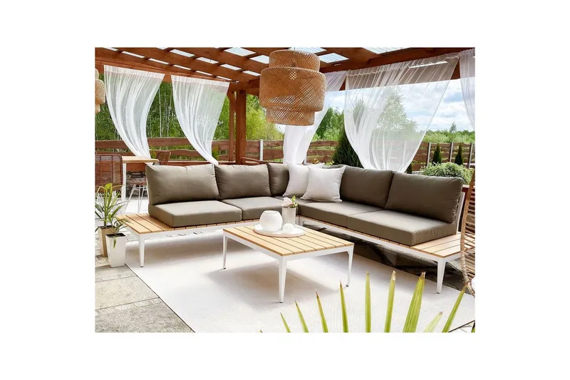 Loungegrupp Beliani Positano Grey||Light wood||White - Puutarhakalusteet - Terassiryhmät - Sohvaryhmät ulos