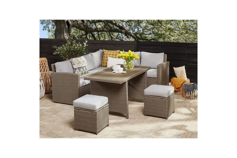 Loungegrupp med bord Beliani Bardi Natur/grå/beige Natural||Grey||Beige - Puutarhakalusteet - Terassiryhmät - Sohvaryhmät ulos