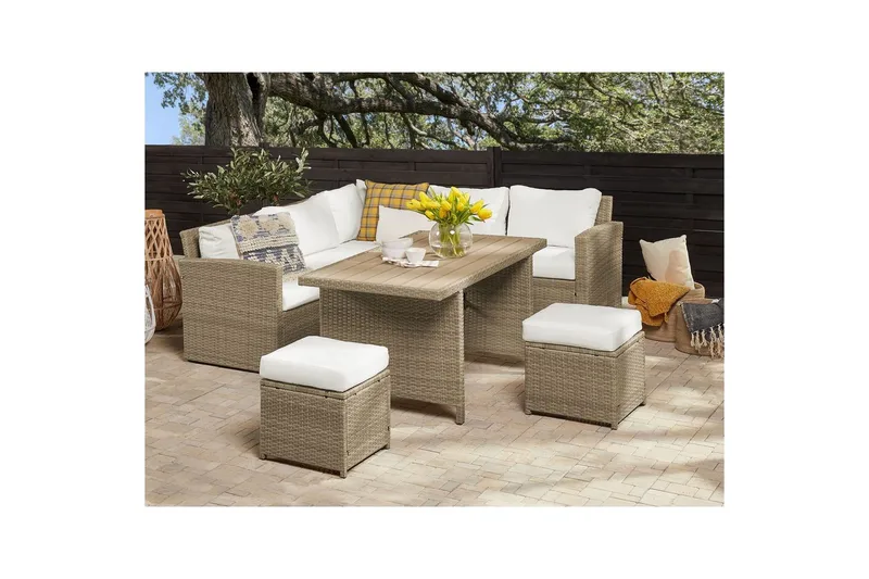Loungegrupp med bord Beliani Bardi Natur/grå/beige White||Brown - Puutarhakalusteet - Terassiryhmät - Sohvaryhmät ulos