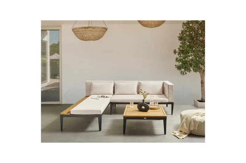 Loungegrupp med bord Beliani Bracciano 3-Sits Beige||Light wood||Black - Puutarhakalusteet - Terassiryhmät - Sohvaryhmät ulos