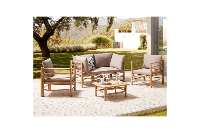Loungegrupp med bord Beliani Cerreto Beige/ljust trä, 4-Sits Beige||Light wood - Puutarhakalusteet - Terassiryhmät - Sohvaryhmät ulos