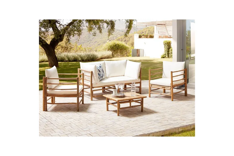 Loungegrupp med bord Beliani Cerreto Beige/ljust trä, 4-Sits White||Light wood - Puutarhakalusteet - Terassiryhmät - Sohvaryhmät ulos