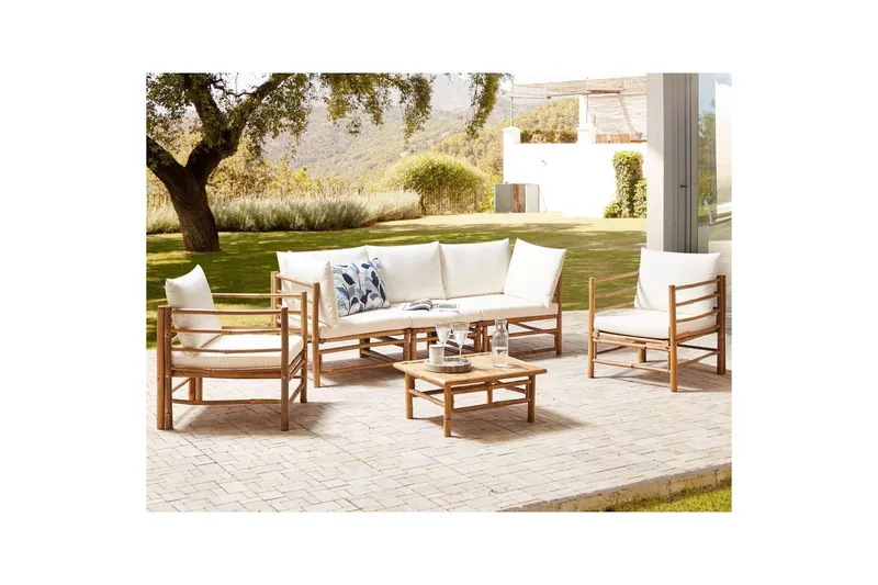 Loungegrupp med bord Beliani Cerreto Beige/ljust trä, 5-Sits White||Light wood - Puutarhakalusteet - Terassiryhmät - Sohvaryhmät ulos