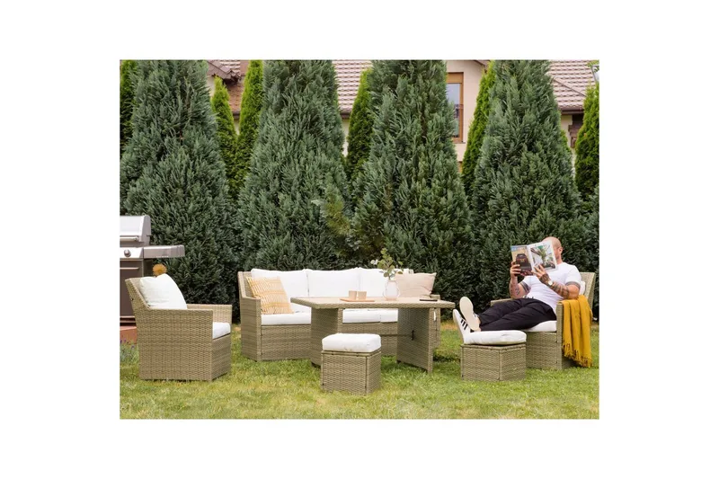 Loungegrupp med bord Beliani Fonti Natur/grå/beige White||Brown - Puutarhakalusteet - Terassiryhmät - Sohvaryhmät ulos
